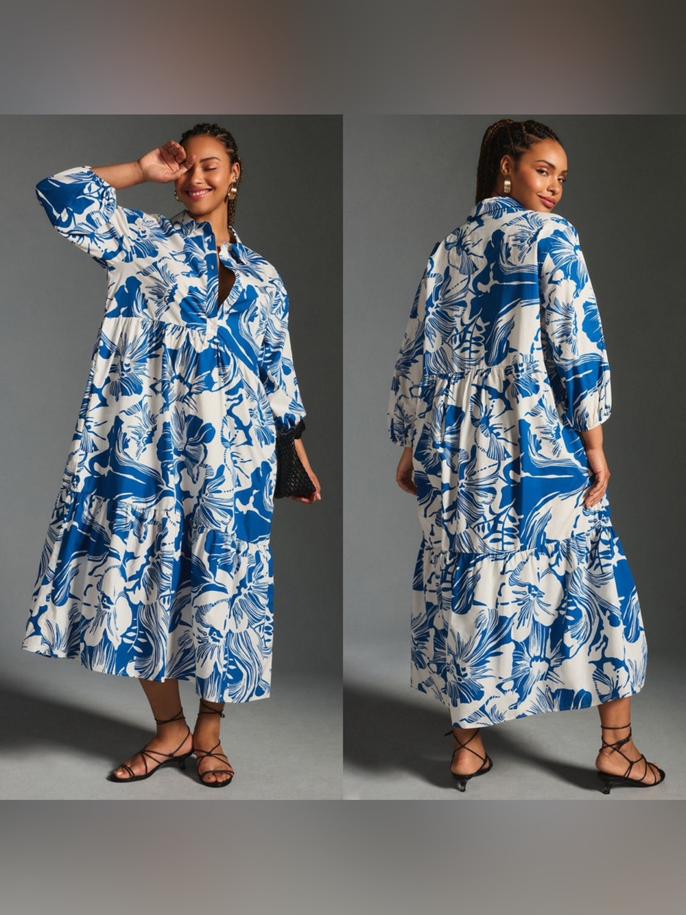Anthropologie Maeve The Bettina in Blue White Floral Shirt Dress Size XL Petite